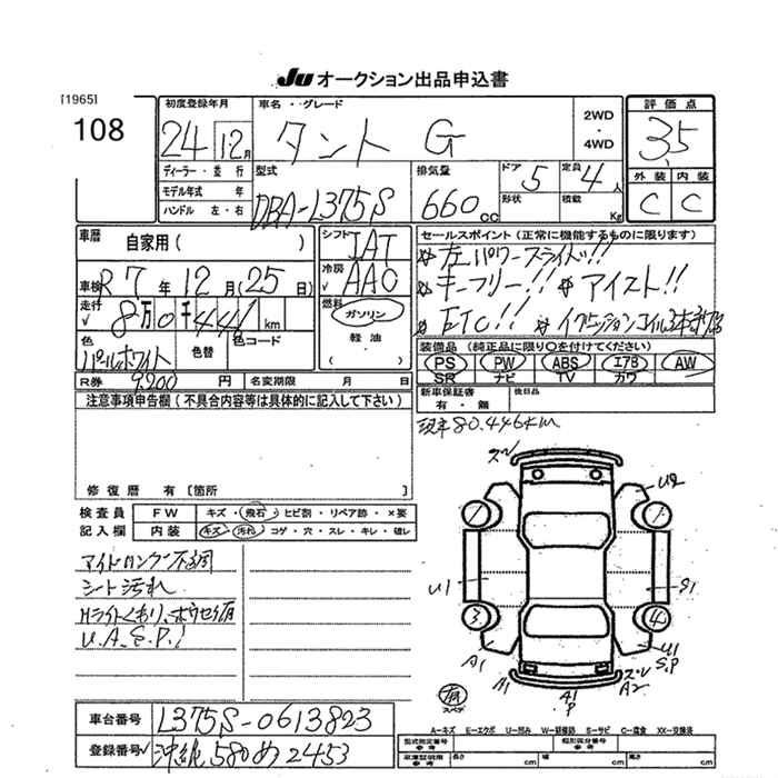Аукционный лист DAIHATSU TANTO 2012