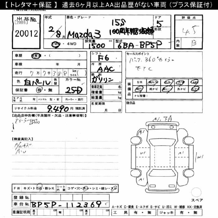 Аукционный лист MAZDA MAZDA3 2020