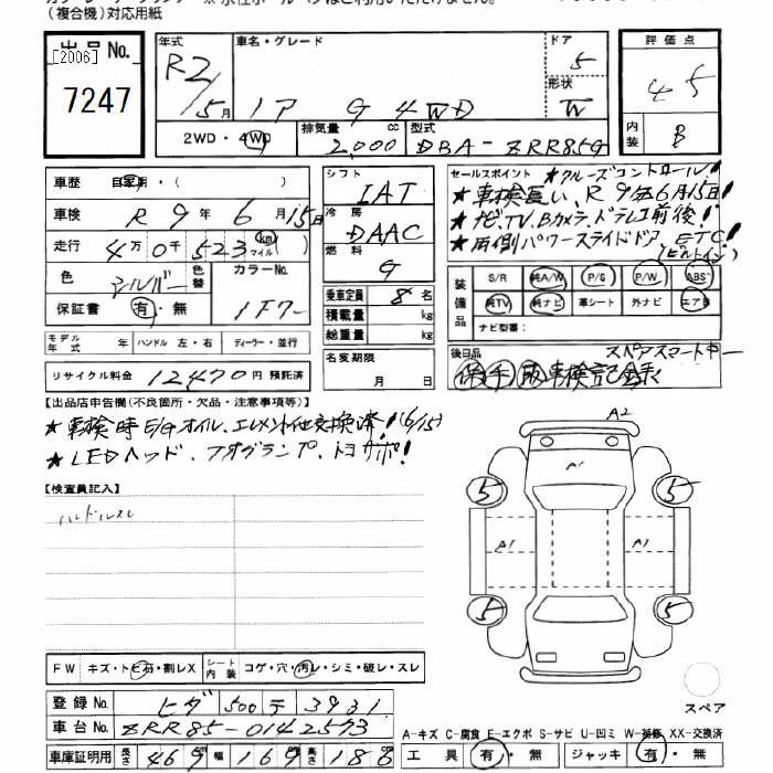 Аукционный лист TOYOTA NOAH 2020