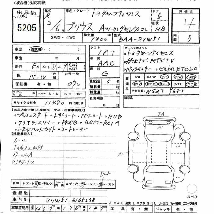 Аукционный лист TOYOTA PRIUS 2020