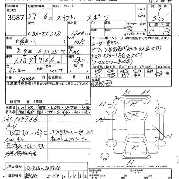 Аукционный лист SUZUKI SWIFT 2015
