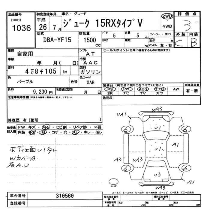Аукционный лист NISSAN JUKE 2014