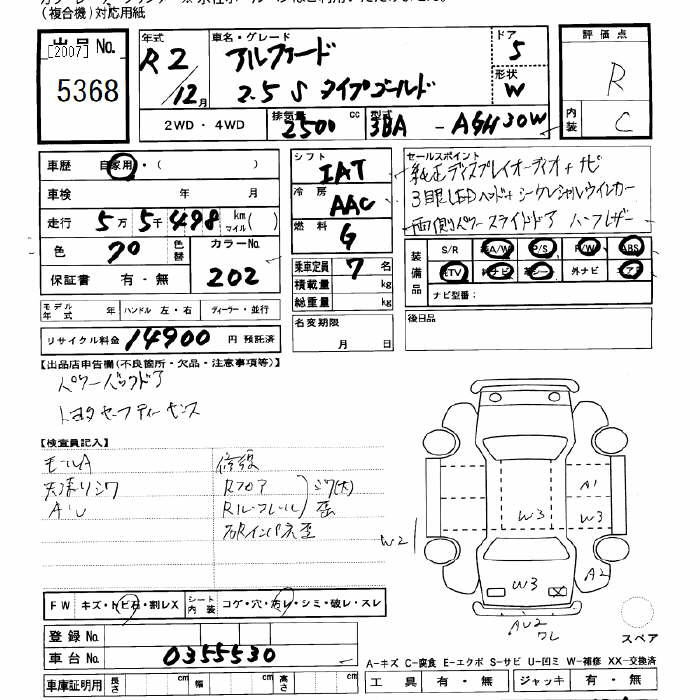 Аукционный лист TOYOTA ALPHARD 2020