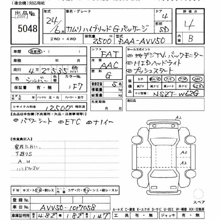Аукционный лист TOYOTA CAMRY 2012