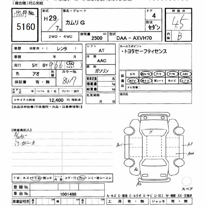 Аукционный лист TOYOTA CAMRY 2017