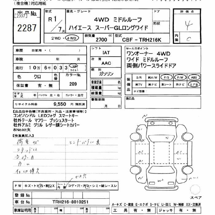 Аукционный лист TOYOTA HIACE VAN 2019