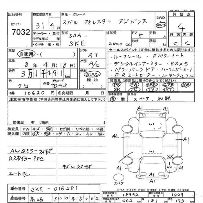 Аукционный лист SUBARU FORESTER 2019
