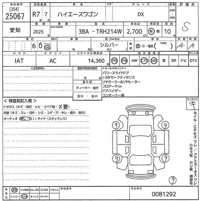 Аукционный лист TOYOTA HIACE 2025
