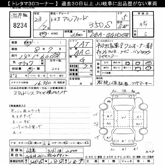 Аукционный лист TOYOTA ALPHARD 2011