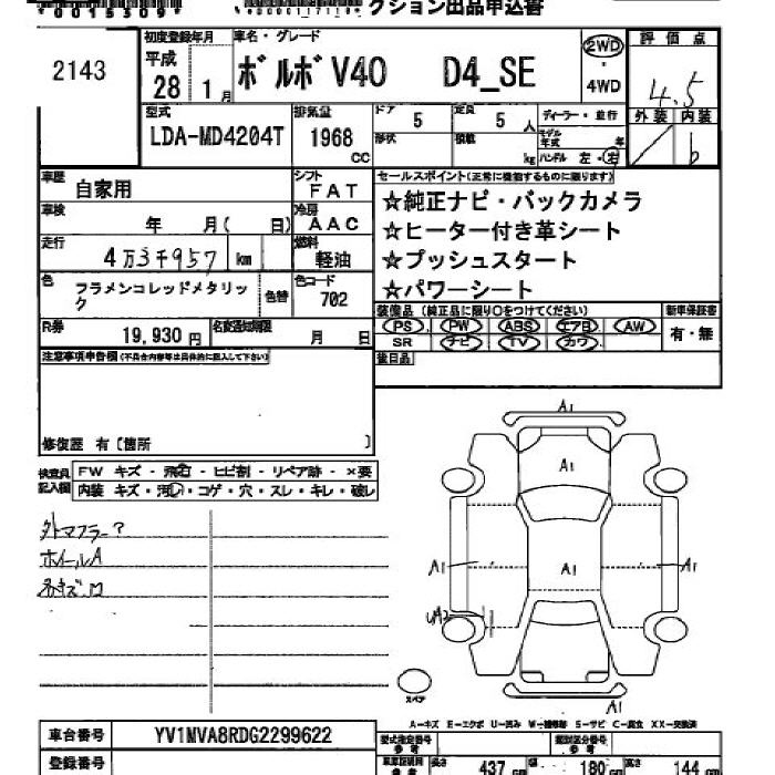 Аукционный лист VOLVO V40 2016