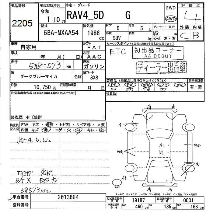 Аукционный лист TOYOTA RAV4 2019