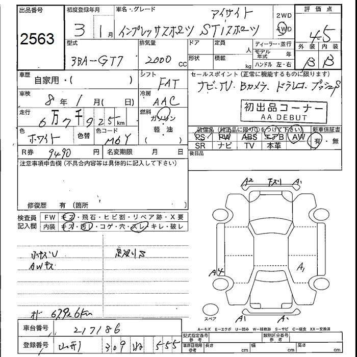 Аукционный лист SUBARU IMPREZA 2021
