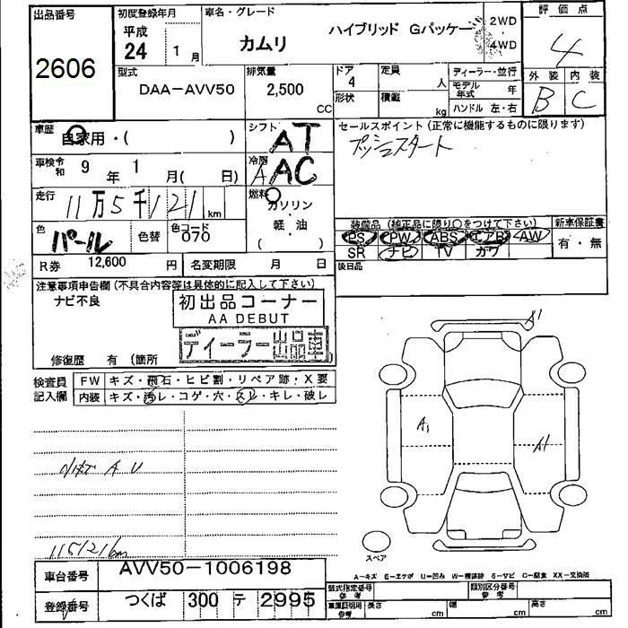 Аукционный лист TOYOTA CAMRY 2012