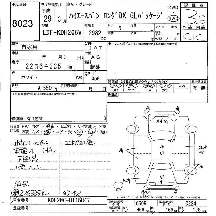 Аукционный лист TOYOTA HIACE VAN 2017