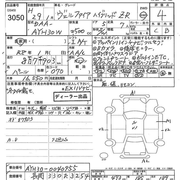 Аукционный лист TOYOTA VELLFIRE 2017