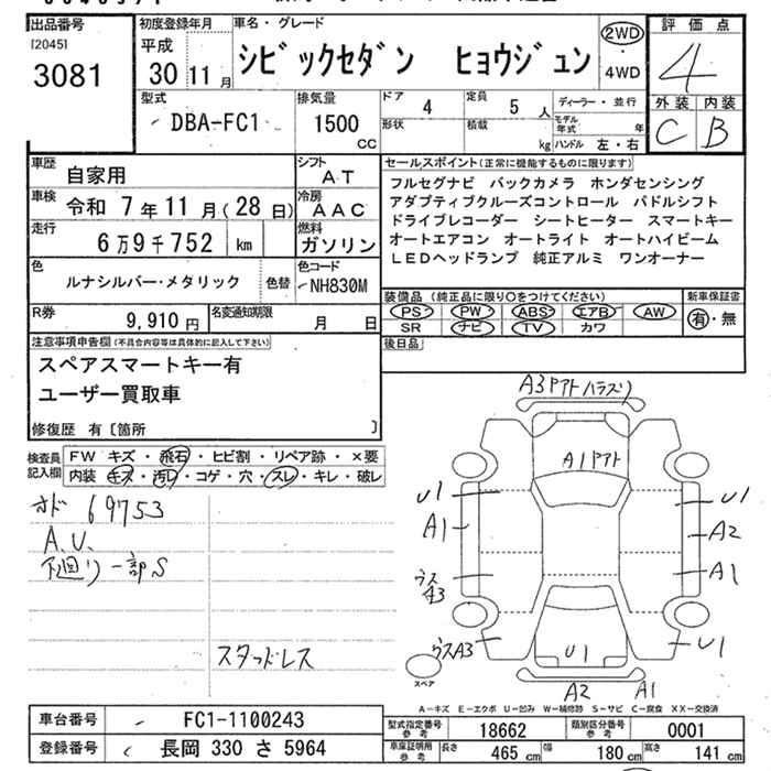 Аукционный лист HONDA CIVIC 2018