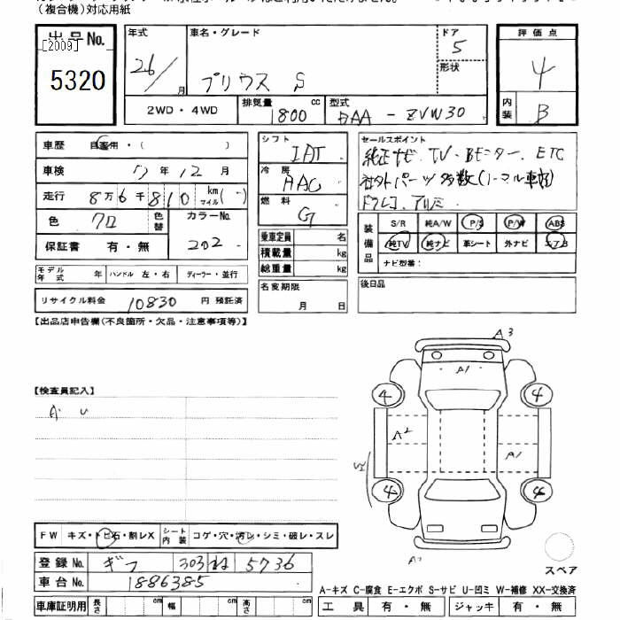 Аукционный лист TOYOTA PRIUS 2014