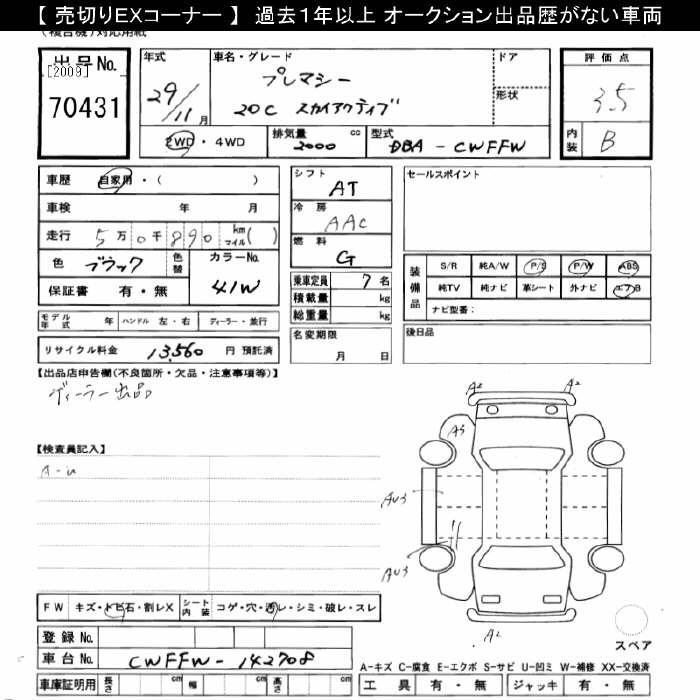 Аукционный лист MAZDA PREMACY 2017