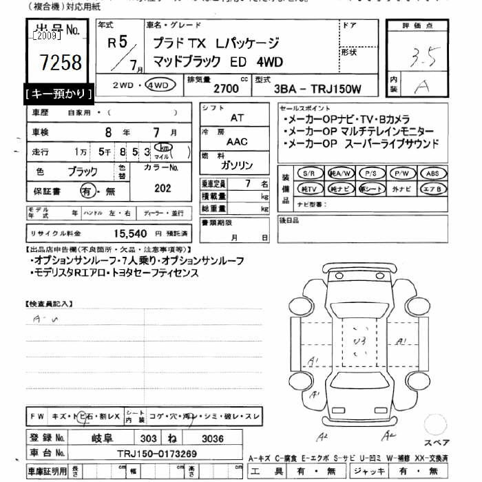Аукционный лист TOYOTA LAND CRUISER PRADO 2023