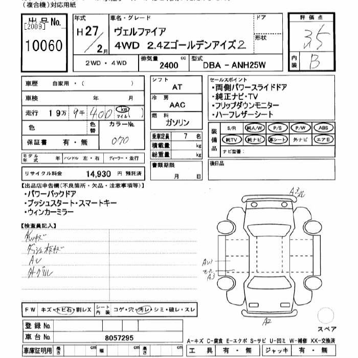 Аукционный лист TOYOTA VELLFIRE 2015