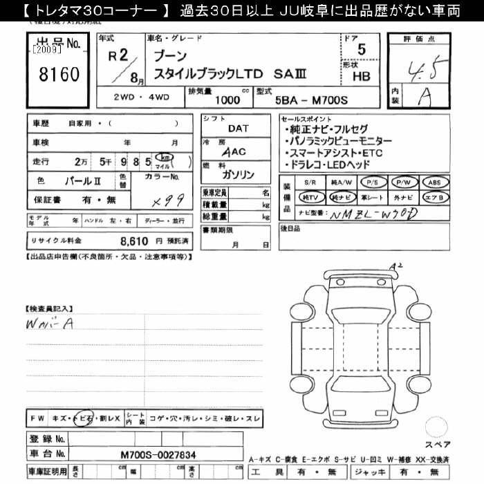 Аукционный лист DAIHATSU BOON 2020