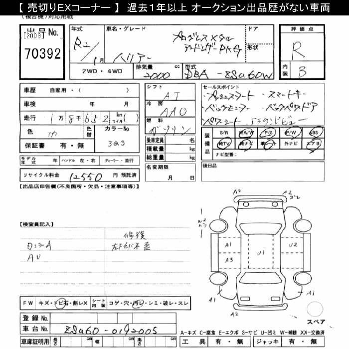 Аукционный лист TOYOTA HARRIER 2020