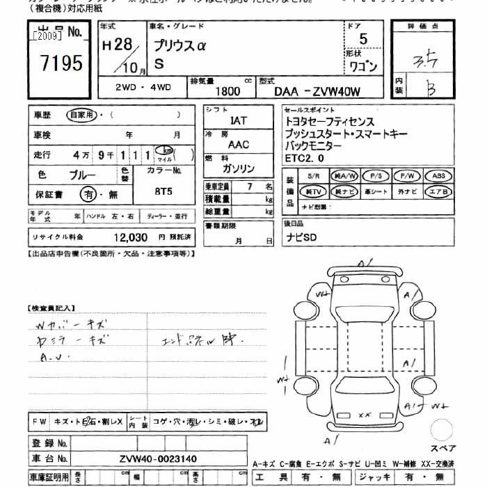 Аукционный лист TOYOTA PRIUS ALPHA 2016