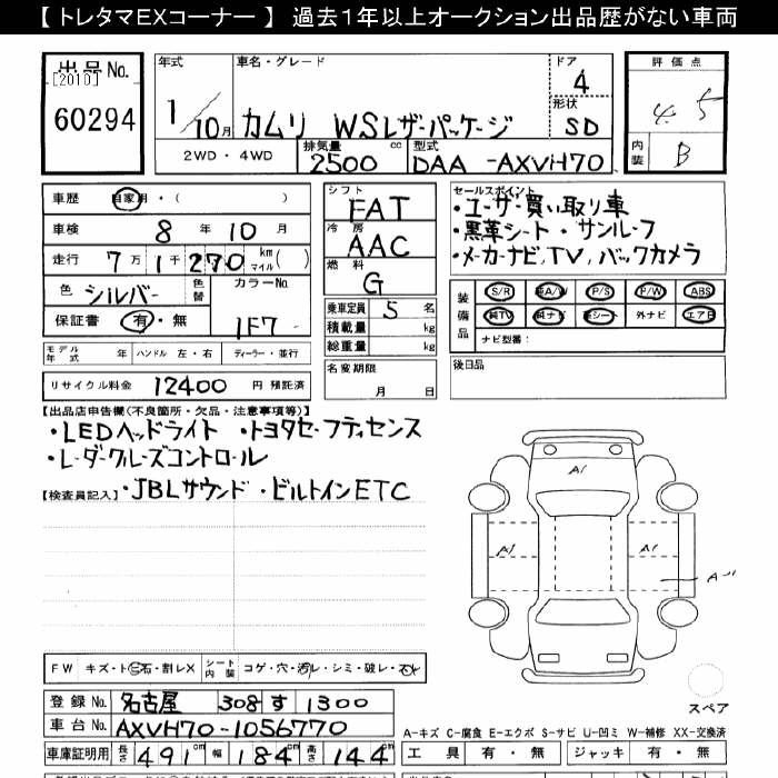 Аукционный лист TOYOTA CAMRY 2019