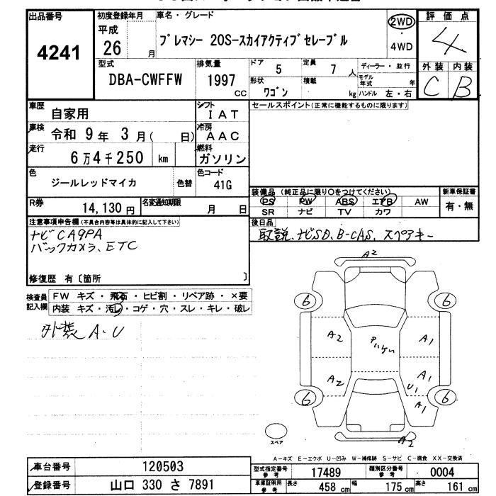 Аукционный лист MAZDA PREMACY 2014