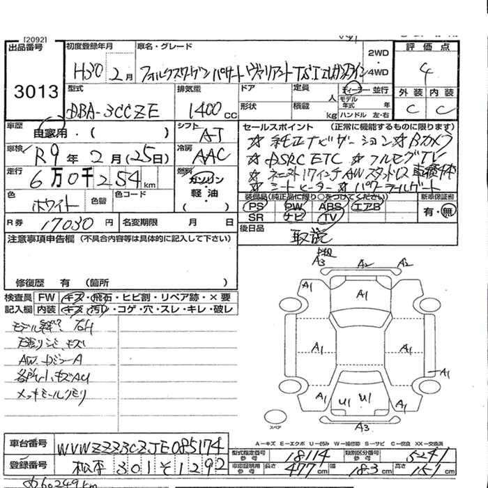 Аукционный лист VOLKSWAGEN PASSAT VARIANT 2018