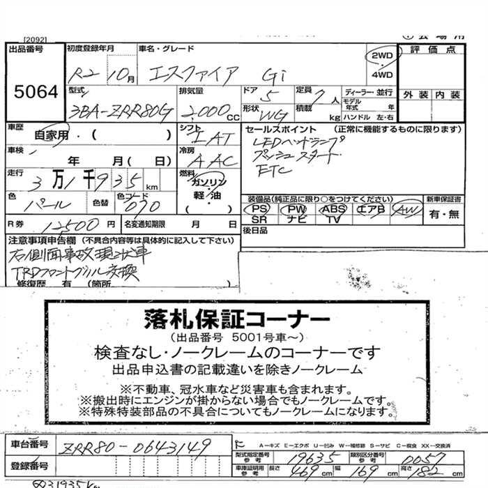 Аукционный лист TOYOTA ESQUIRE 2020