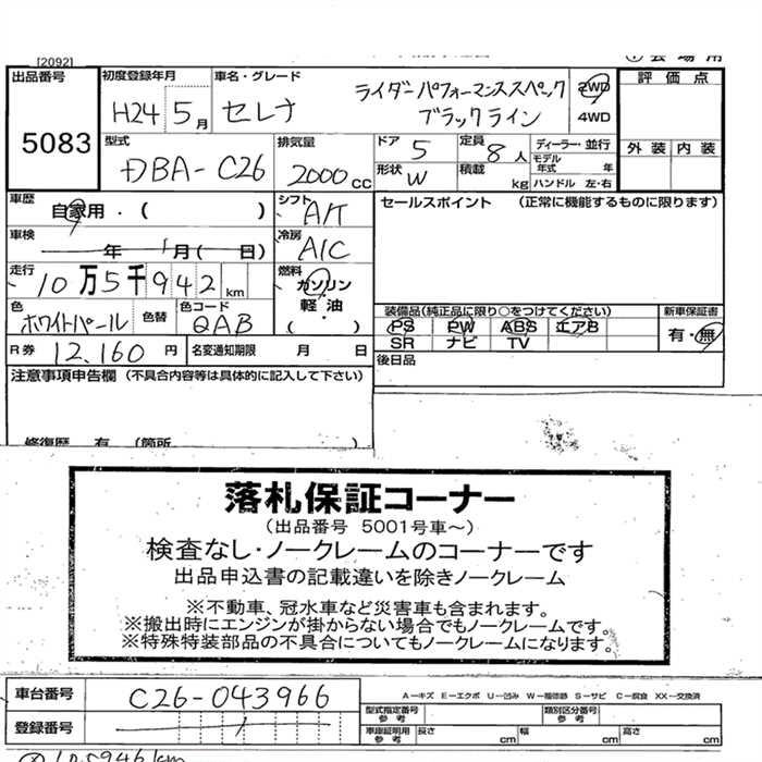 Аукционный лист NISSAN SERENA 2012