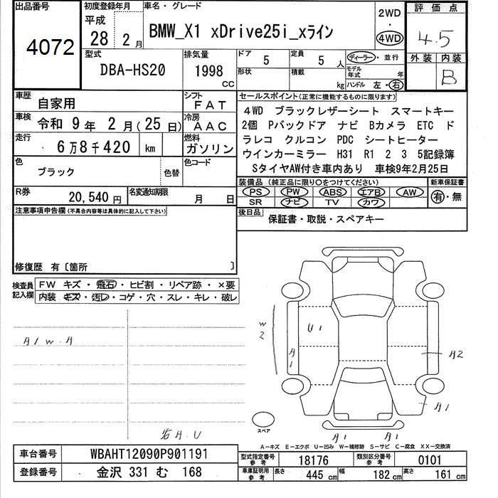 Аукционный лист BMW X1 2016