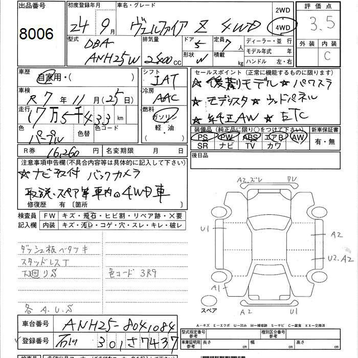 Аукционный лист TOYOTA VELLFIRE 2012