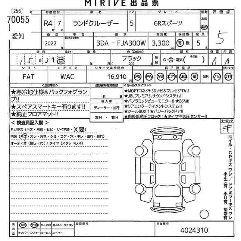 Аукционный лист TOYOTA LAND CRUISER 2022