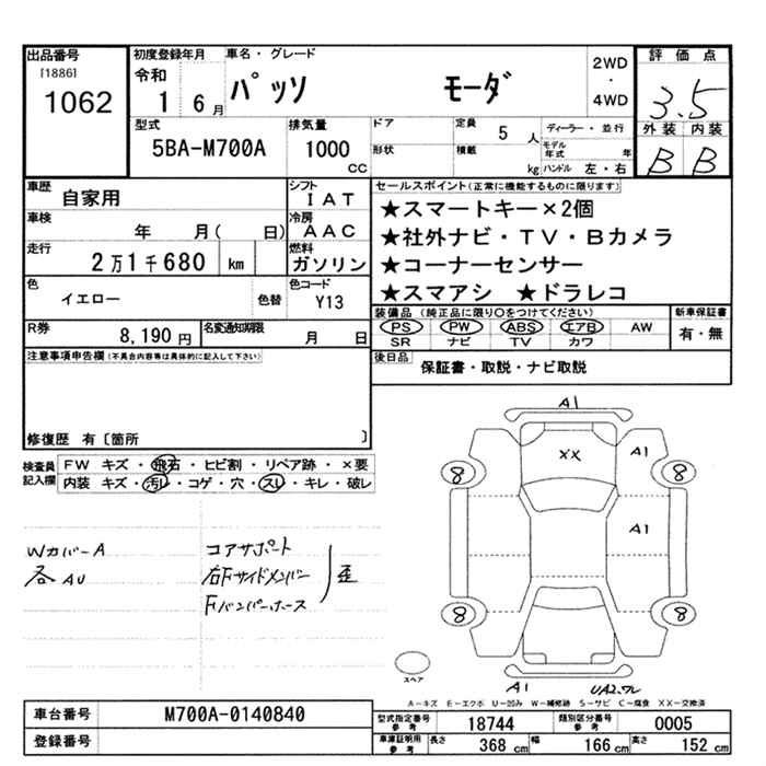 Аукционный лист TOYOTA PASSO 2019