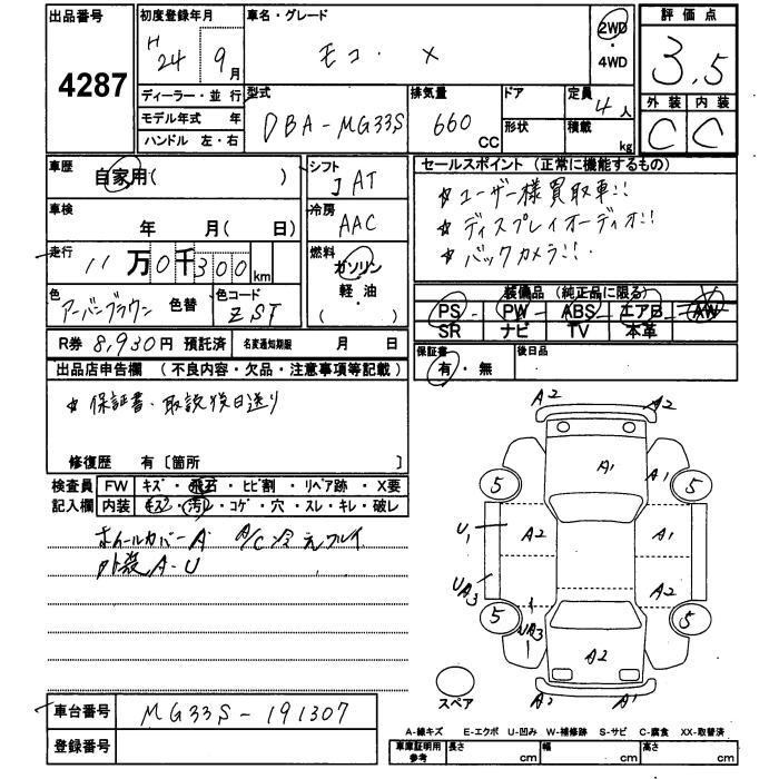 Аукционный лист NISSAN MOCO 2012