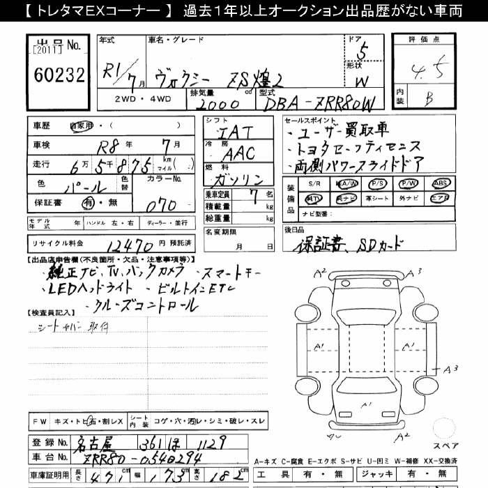 Аукционный лист TOYOTA VOXY 2019
