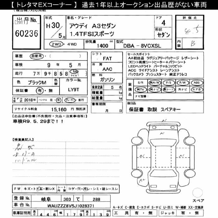Аукционный лист AUDI A3 2018