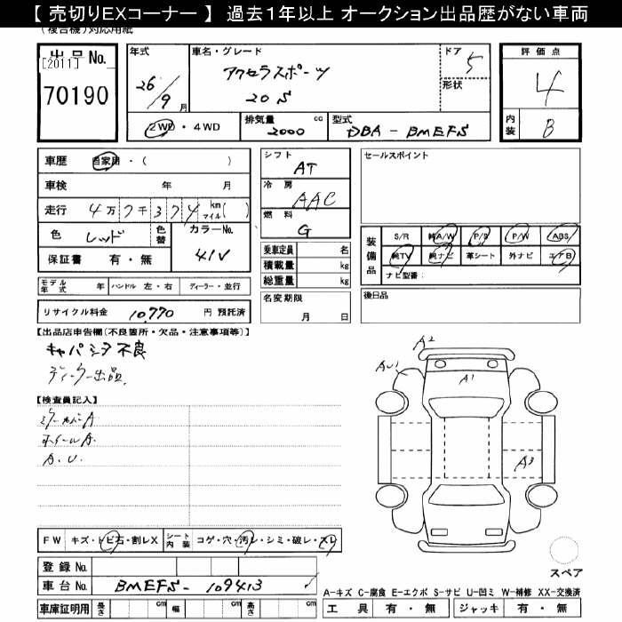 Аукционный лист MAZDA AXELA 2014