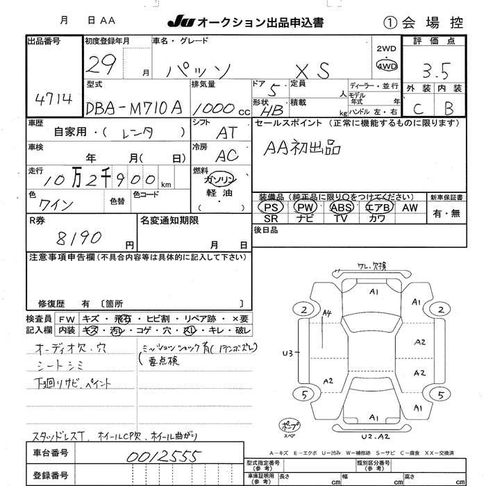 Аукционный лист TOYOTA PASSO 2017