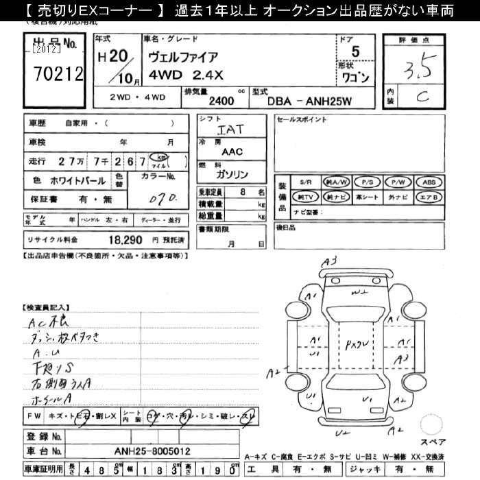 Аукционный лист TOYOTA VELLFIRE 2008