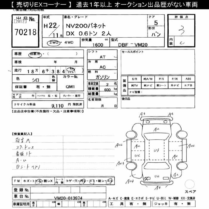 Аукционный лист NISSAN NV200 2010