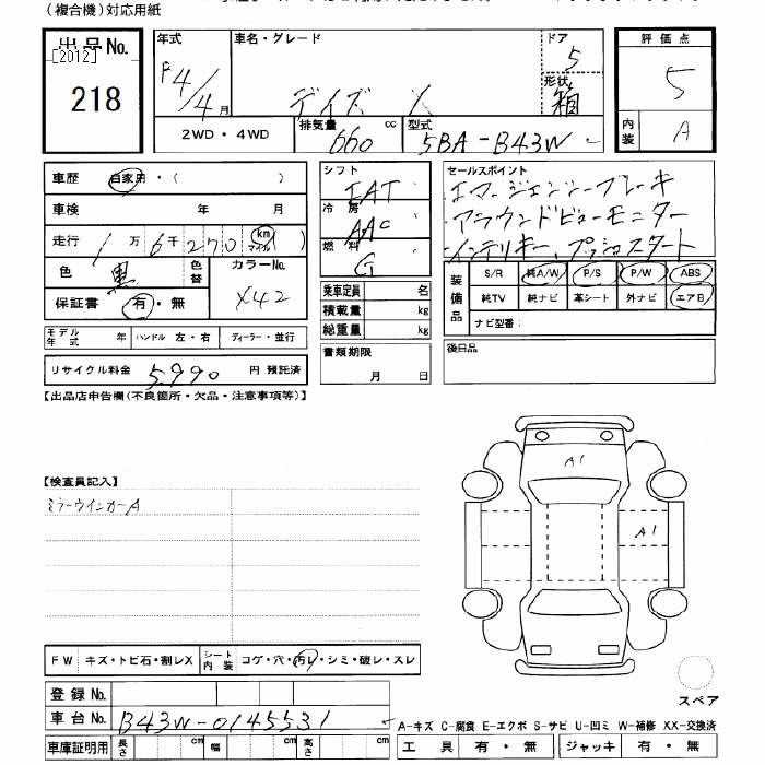 Аукционный лист NISSAN DAYZ 2022