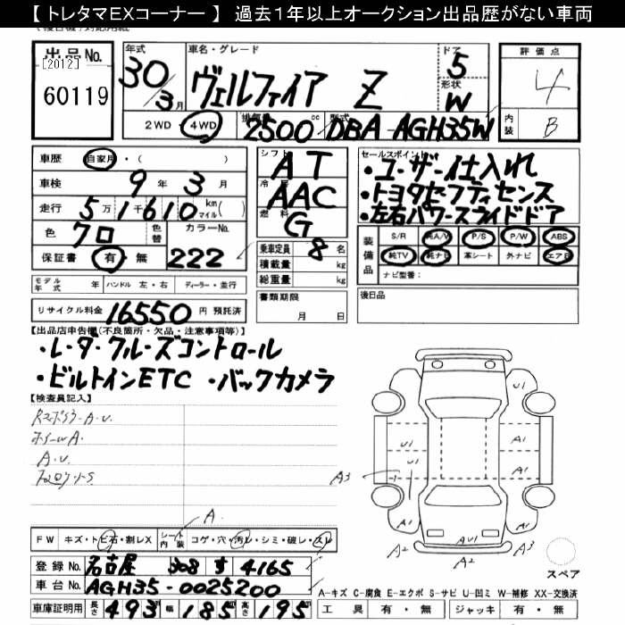Аукционный лист TOYOTA VELLFIRE 2018