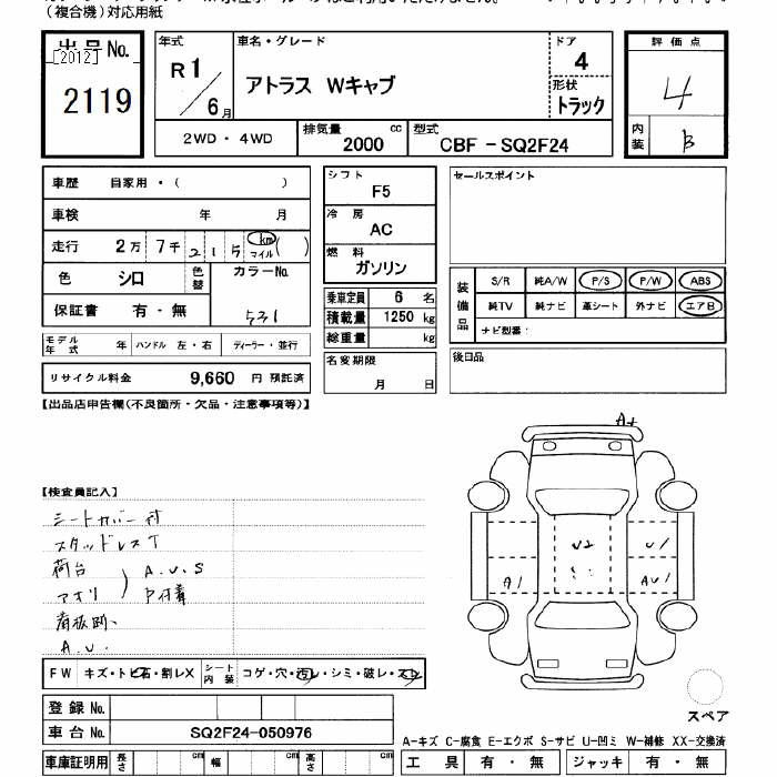 Аукционный лист NISSAN ATLAS 2019