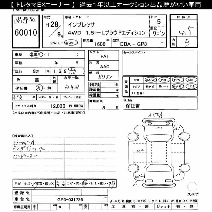 Аукционный лист SUBARU IMPREZA 2016