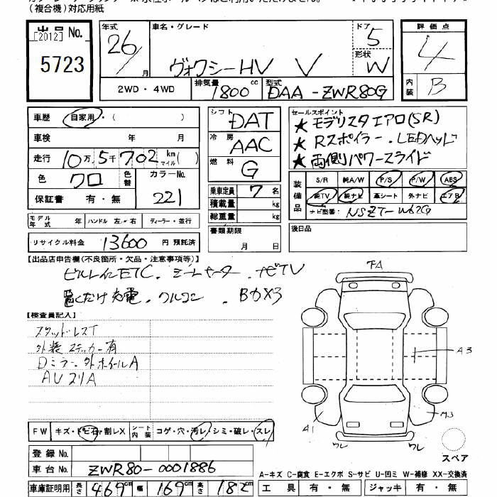 Аукционный лист TOYOTA VOXY 2014