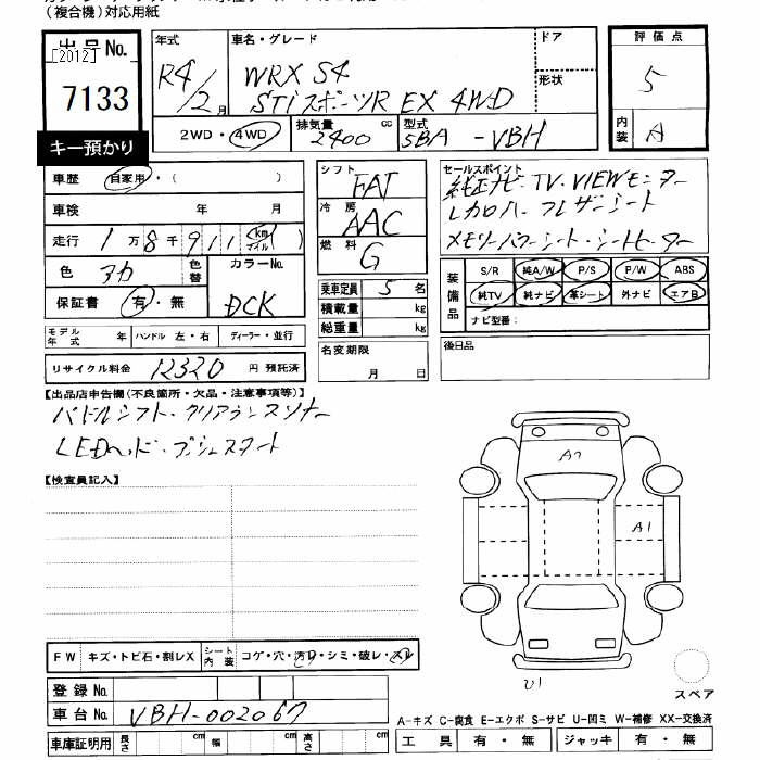 Аукционный лист SUBARU WRX 2022