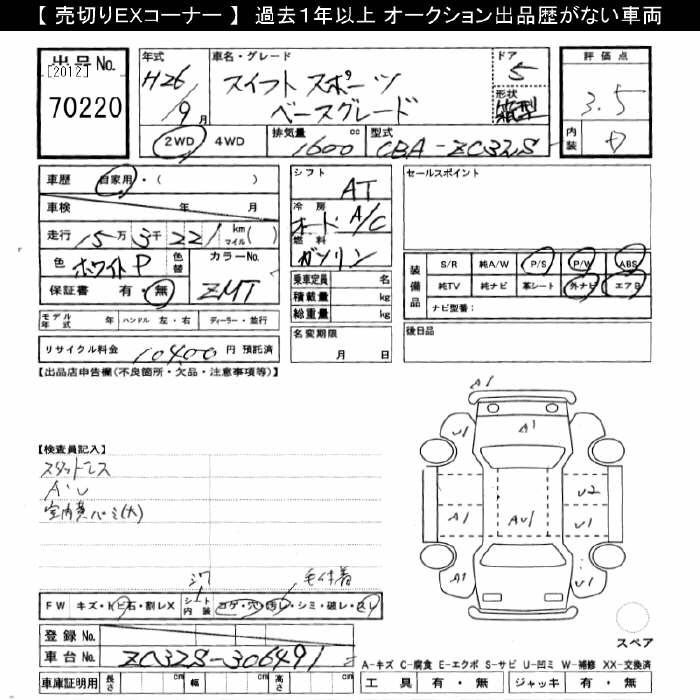 Аукционный лист SUZUKI SWIFT 2014
